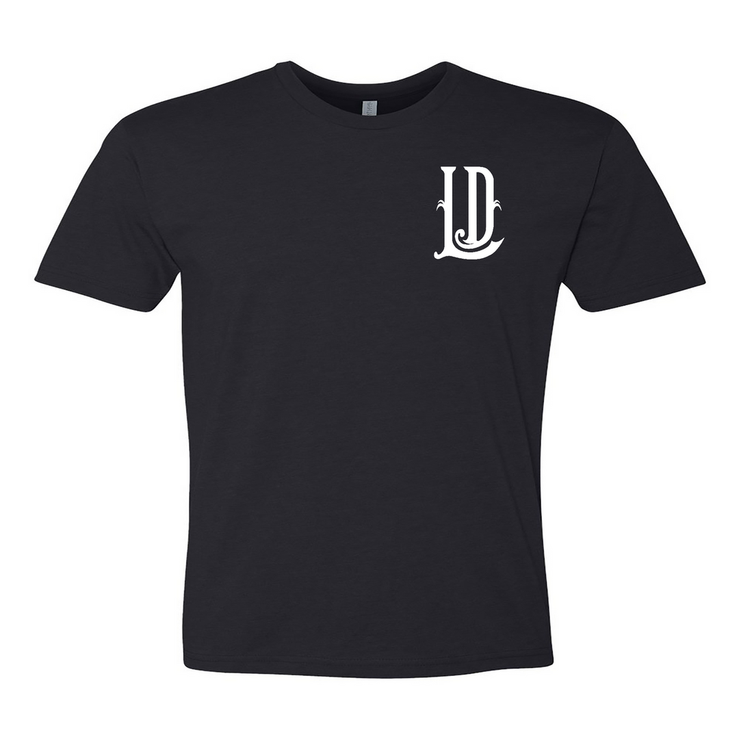 LD Script Back White Font T-Shirt